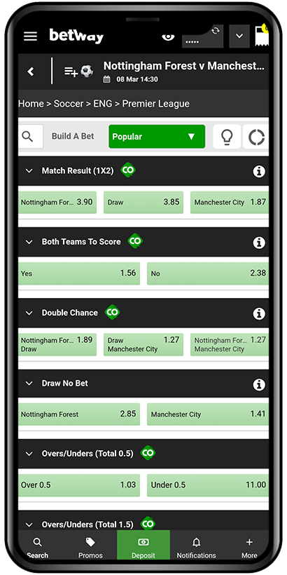Mobile app screenshot of Betway