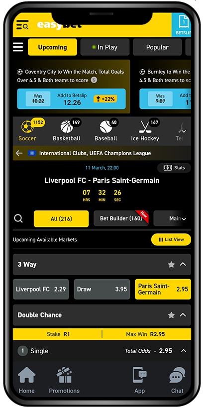 Mobile app screenshot of Easybet