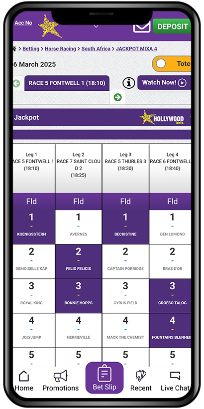 Mobile app screenshot of Hollywoodbets
